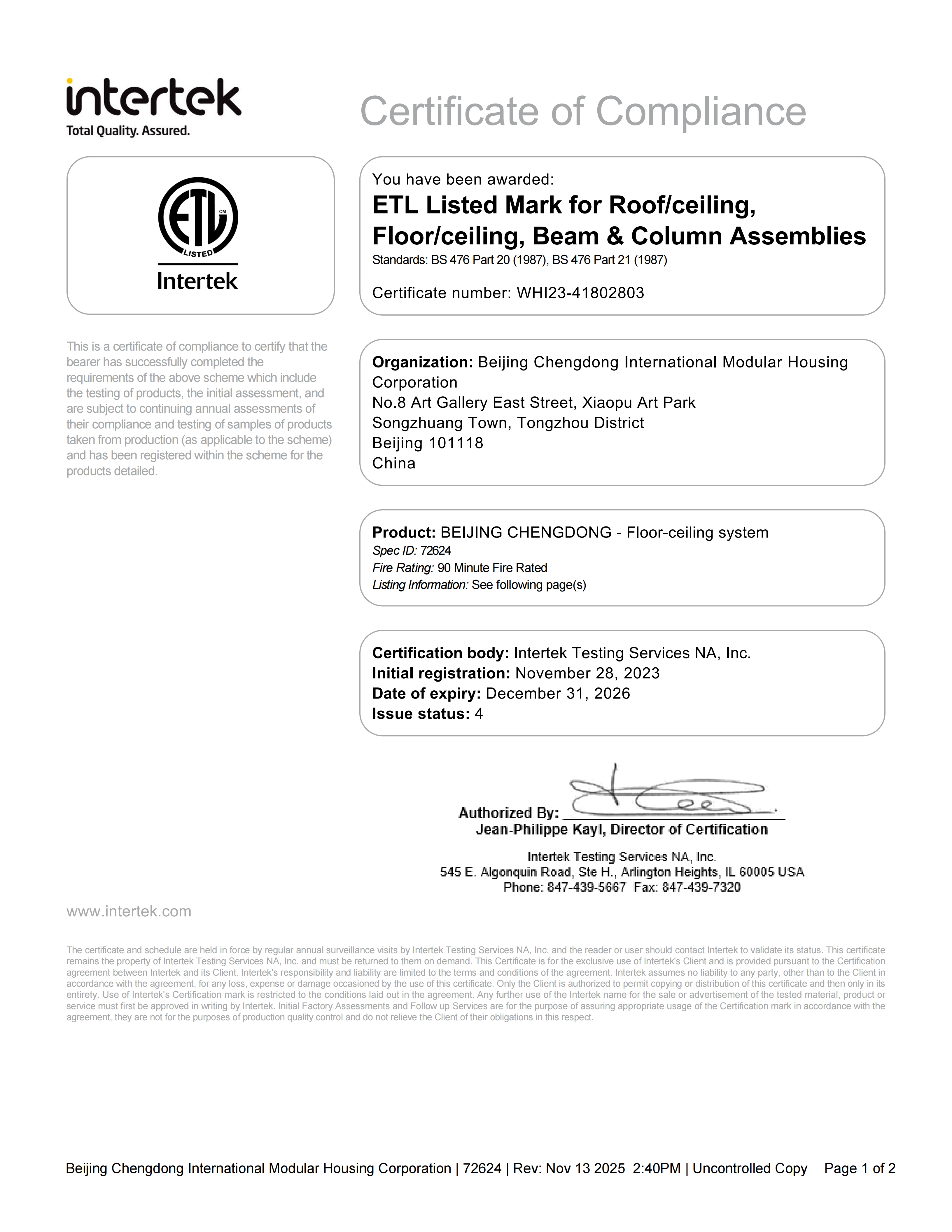 Intertek Fire Certification
